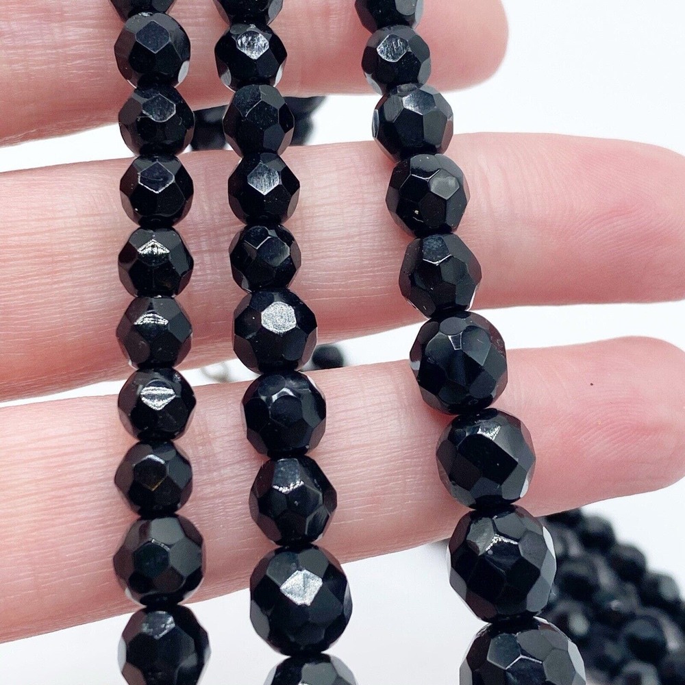 Vintage Austria Black Faceted Glass Triple Strand Necklace Pierced Earrings Set - Picture 4 of 14